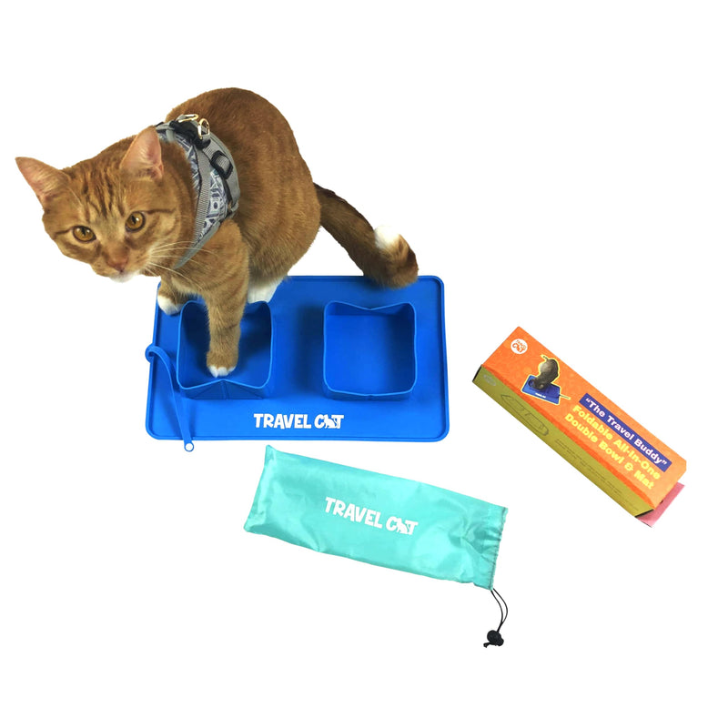 Travel Cat Collapsible Food and Water Bowl - 2 in 1 Blue Portable Pet Skid Mate Cat Bowl with No-Spill and Non-Skid Foldable Silicone Mat - Portable Pet Feeder for Traveling, Camping, Hiking with Cat - PawsPlanet Australia