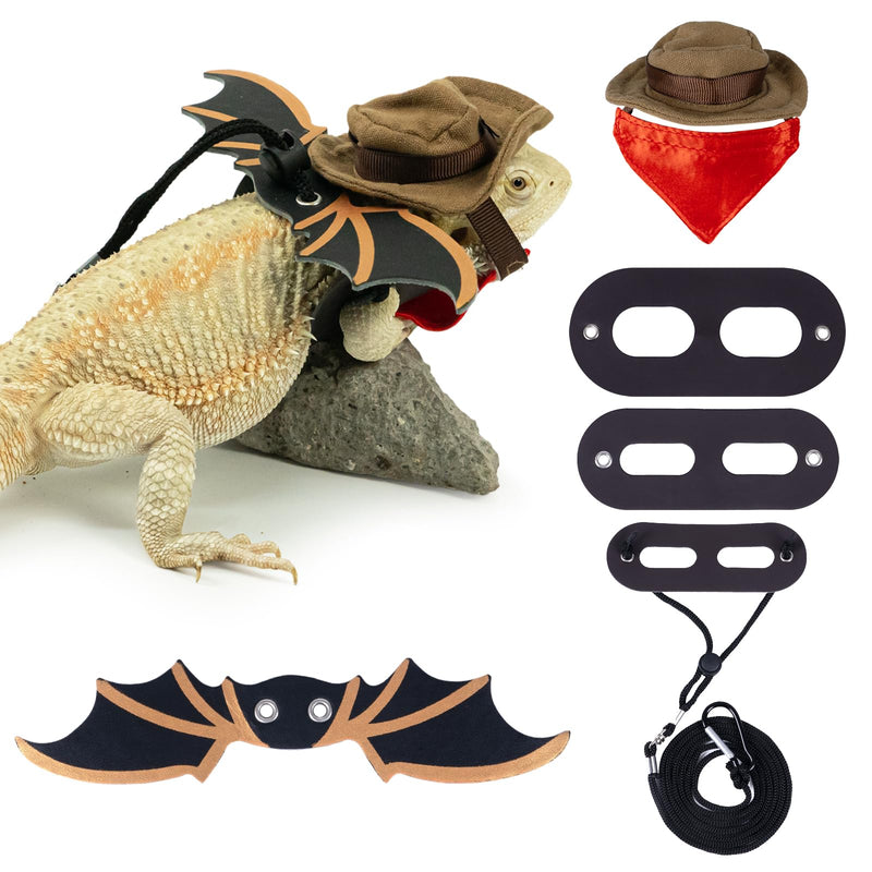 Bearded Dragon Leash Bat Wings Hat Costume Set, Adjustable Cowboy Hat Lizard Leash Harness (S/M/L 3 Pack) for Reptile Lizard Leopard Gecko Holiday Party Accessories - PawsPlanet Australia