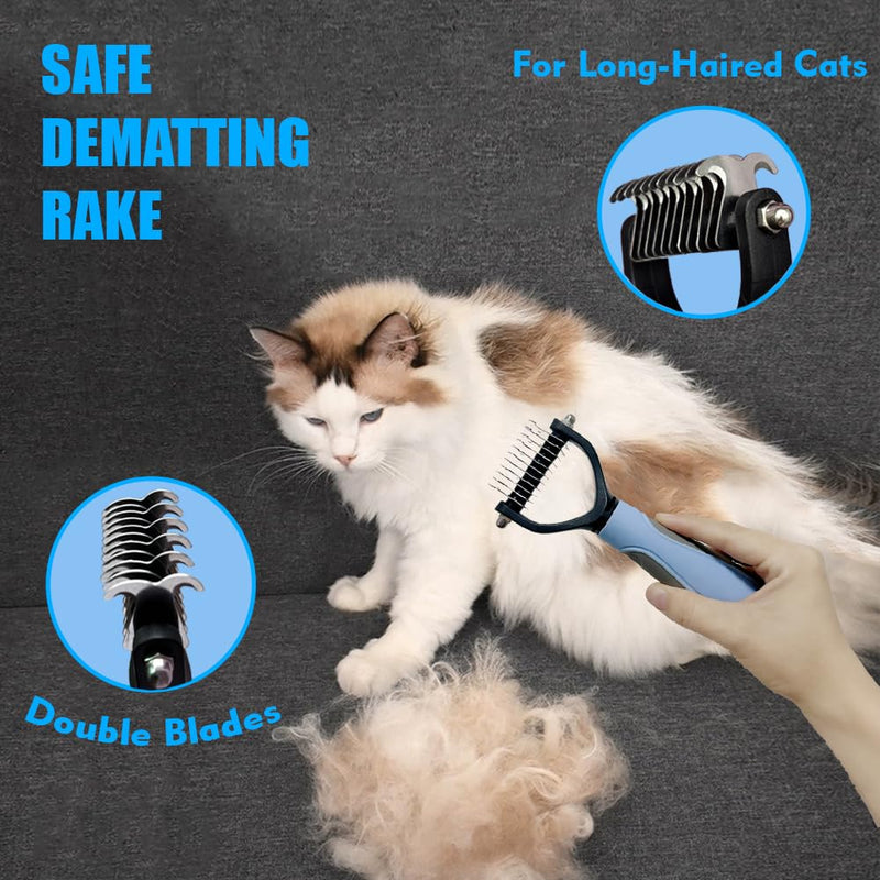Grooming Brush Kit - 5pcs for Shedding & Matted Fur, Self-Cleaning with Flea Comb for Indoor Long-Haired Cats, Blue Blue Long - PawsPlanet Australia