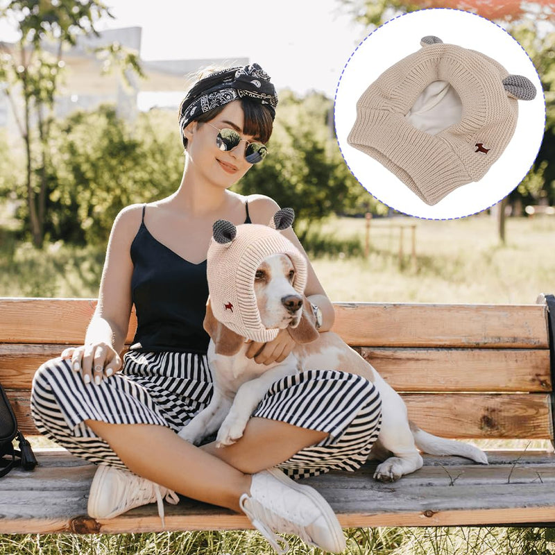 Tiiyee Quiet Ears for Dogs, Pet Ear Covers Hoodies Earmuffs Snood Noise Protection for 33-55lb Medium to Large Pets Knitted Fabric Hat Warm Winter Scarf Head Wrap Anti Anxiety Barking Headwear(Beige)