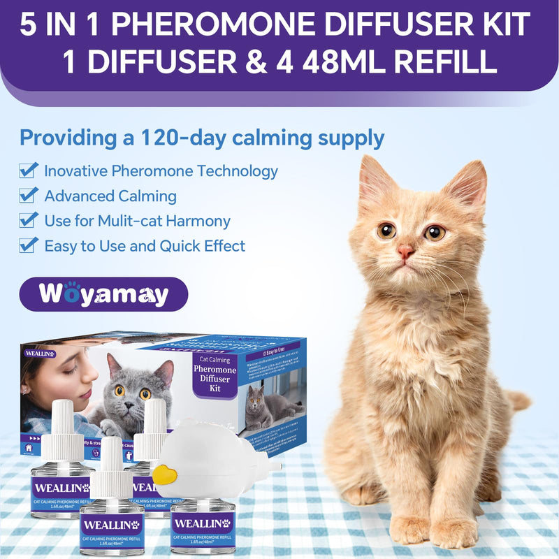 Cat Calming Diffuser Kit - 5-in-1 Cat Pheromone Diffuser for Anxiety & Stress Relief-Includes 1 Diffuser and 4 Refill Vials (48ml each)-Provides 120 Days of Comfort and Relaxation for Your Cat 1 Diffuser, 4 Refills