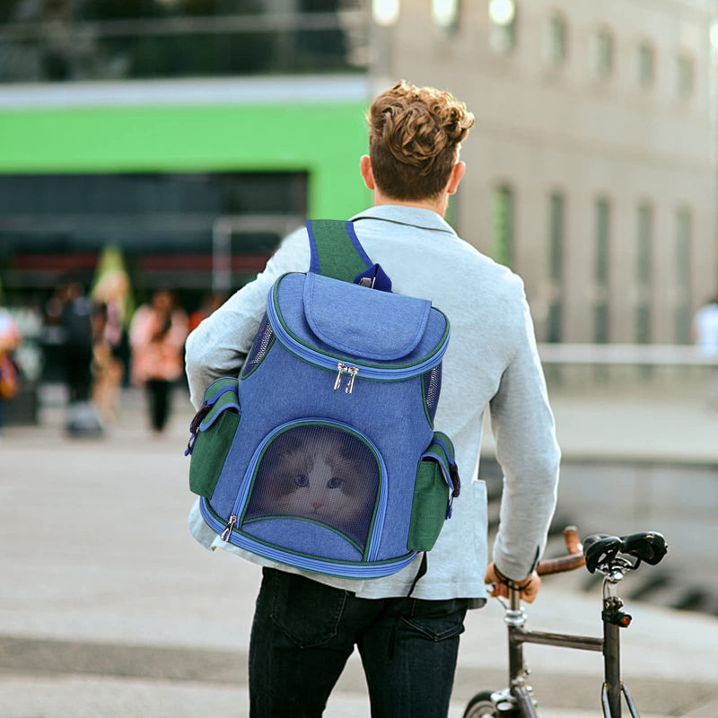 PETCUTE Cat Carrier Backpack for Cats and Small Dogs,Foldable Breathable Pet Carrier Backpack with Inner Safety Strap, Removable Mat,Dog Backpack Carrier with Side Pockets for Travel Camping Hiking M Dark Blue+Green - PawsPlanet Australia
