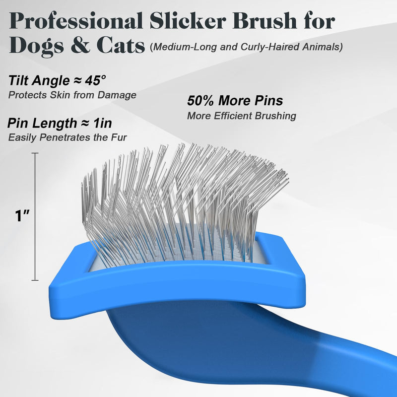 2PCS Slicker Brush for Dogs & Pet Comb,Professional Dog Grooming Brush (Goldendoodles,Poodles,Labradoodles) with Extra Long Pins to Effectively Remove Tangles, Knots and Mats (Blue, Medium) Blue