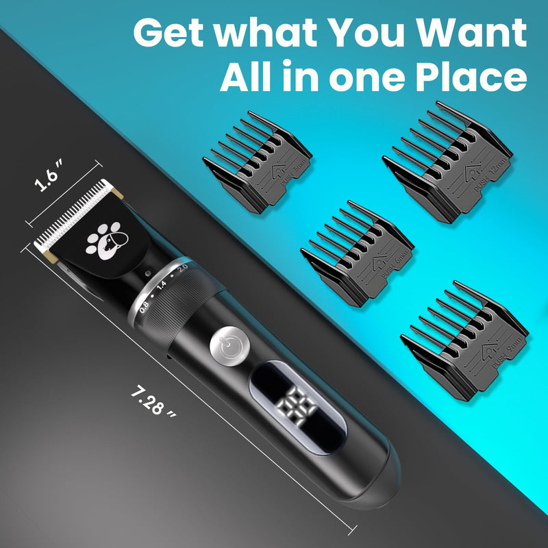 Dog Clippers, Dog Grooming Kit, 2-Speed Low Noise IPX5 Waterproof LED Display Professional Cordless Pet Hair Trimmer, Suitable for Small Medium Dogs & Cats