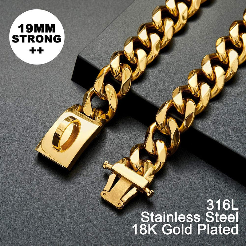 Gold Dog Chain Collar Walking Metal Chain Collar with Design Secure Buckle,18K Cuban Link Strong Heavy Duty Chew Proof for Medium Dogs(19MM, 18") 18 Inch (Pack of 1) - PawsPlanet Australia