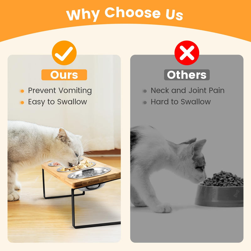 3pcs Cat Bowl with 15° Tilted Stand, Raised Cat Feeding Bowls Stainless Steels for Food and Water, Bamboo Elevated Feeder Bowls for Cats and Puppy, Anti Slip Tilted Feeding Station - PawsPlanet Australia