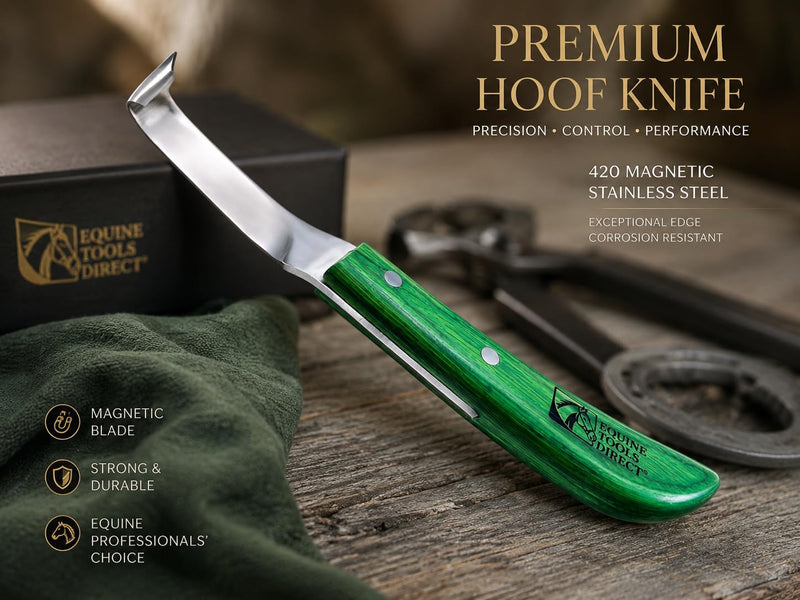 Straight Blade Hoof Knife with Rhino Hook, J2 420 Magnetic Stainless Steel, Right-Hand, Ergonomic Green Handle, Professional Farrier Trimming Tool