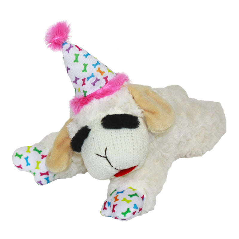 Multipet Lamb Chop Dog Toy with Birthday Hat, Pink, 10.5" 1 Count (Pack of 1)