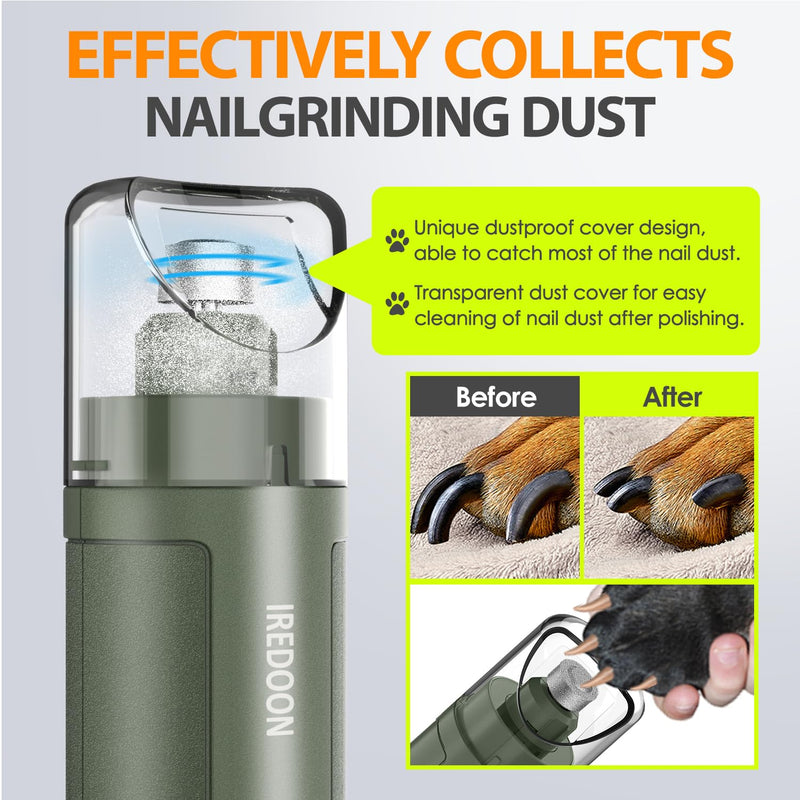 IREDOON Dog Nail Grinder Upgraded - Professional 3-Speed Super Quiet and Low Vibration Electric Pet Nail Grinder with 4 LED Lights - Painless Paws Grooming & Smoothing for Small to Large Dogs (Green) green - PawsPlanet Australia