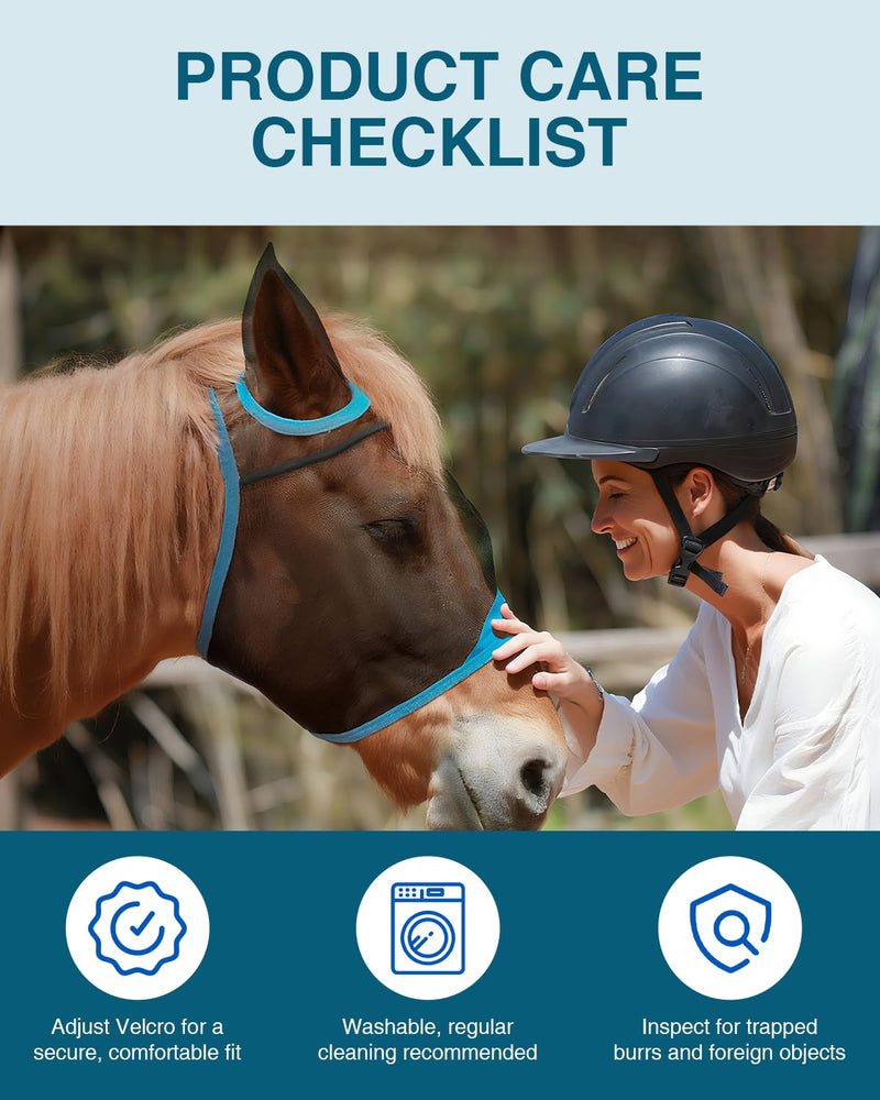 Hilltown Adjustable Fly Mask for Horse with Ears - UV-Block, Large Eye Space, Breathable, Built to Last, Comfort Fit - Horse Fly Mask for Daily Stable, Hot Weather Riding & Competition - X-Full, Blue - PawsPlanet Australia