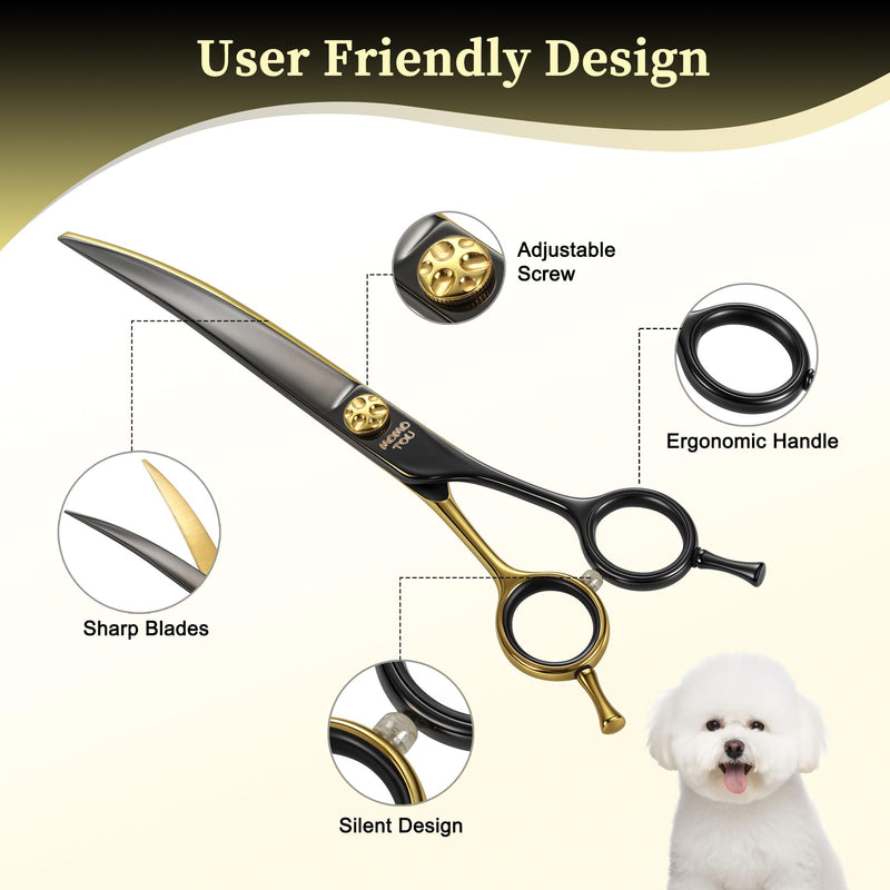 7'' Curved Dog Grooming Scissors CNC 440C Blades Sharp and Durable Dog Shears Black and Gold Pet Scissors Smooth Cutting Easy to Use for Professional Groomer Curved Scissors 7'' - PawsPlanet Australia