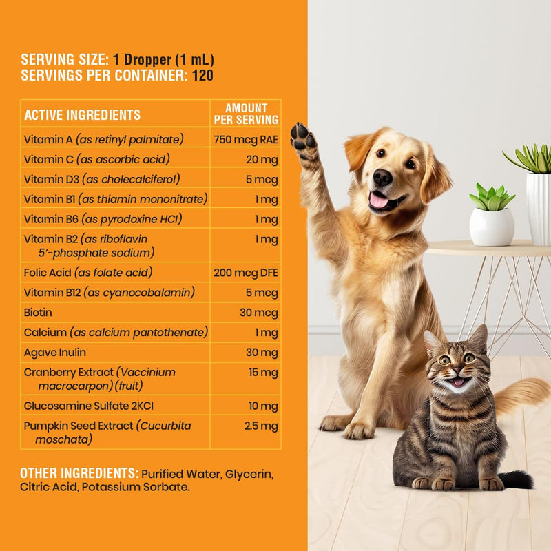 10-in-1 Liquid Multivitamin for Dogs and Cats, 4 Ounce Multi Vitamin Supplement, Vitamin for Dogs, Vitamins for Cats, with Glucosamine & Cranberry, 4 oz 4 Ounce (Pack of 1)