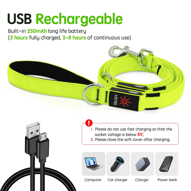 Light Up Dog Leash, 6 Ft LED Leashes Rechargeable, Nylon Reflective Lead with Padded Handle for Night Walking, Safety Glow Lights for Large Medium Small Dogs(Green, 6 Ft) Green - PawsPlanet Australia