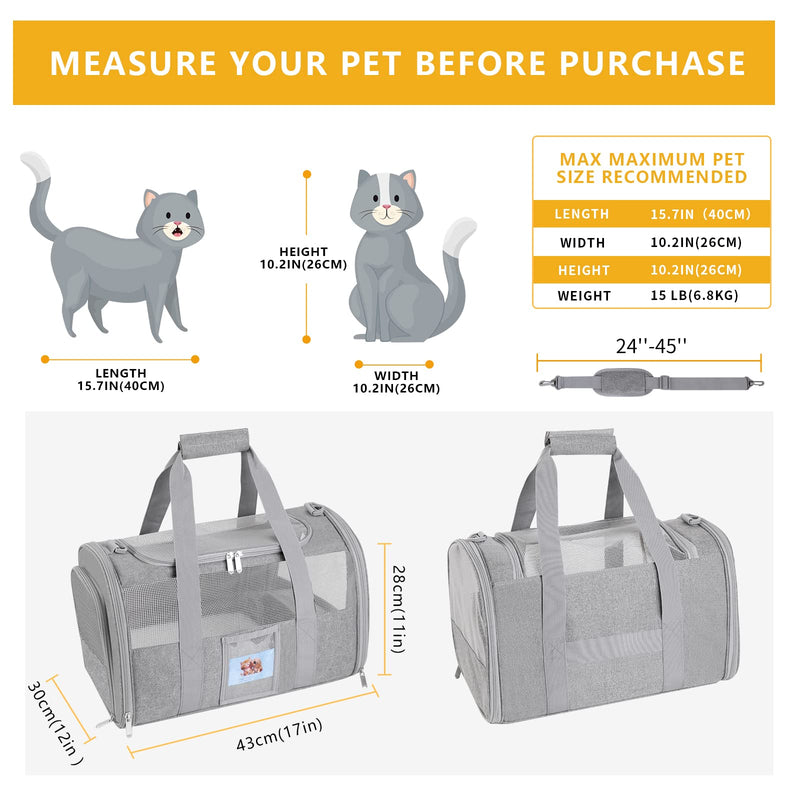 Cat Carrier, Dog Carrier, Pet Carrier Airline Approved for Small Dogs, Kitten Carriers Under 15lb, Collapsible Soft Sided TSA Approved Travel Carrier-Grey Grey - PawsPlanet Australia