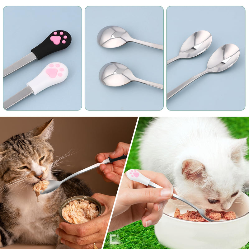 2 Pcs Dog Cat Spoon Pet Can Stainless Steel Cat Claw Long Handle Food Scoop Feeder for Wet Food and Can (White and Black) - PawsPlanet Australia