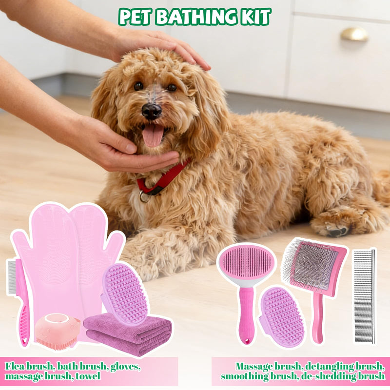 8PCS Dog Slicker Brush for Dogs Grooming Kit,Bath Grooming Kit for Pets,Hair Brush Set with Towel,Washing Gloves,Slicker Comb,and Shampoo Scrubber Brush for Small and Large Dogs and Cats Cats(Pink) Pink - PawsPlanet Australia