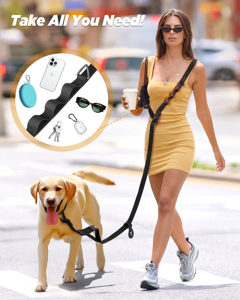 Hands Free Dog Leash,8.2ft Crossbody Dog Leash with Hanging Strap/Hanging Buckle/Poop Bag Holder/Explosion-Proof Handle,Adjustable Crossbody Rope for Dogs Walking,Jogging and Running,18-110lbs,Black Full Black - PawsPlanet Australia