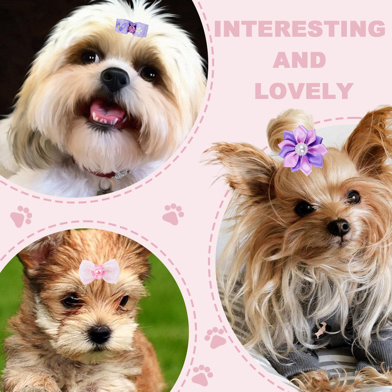 22 Pieces Cute Dog Hair Bows with Elastic Rubber Bands, Small Puppy Hair Accessories with Butterfly Flower Pearls Double Bow for Pets Dogs Cats Hair Grooming (Purple and Pink) - PawsPlanet Australia