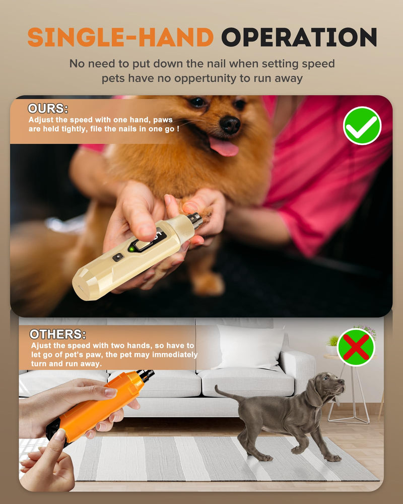 YABIFE 7-Speed Pet Nail Grinder with Light – Heavy Duty, Whisper Quiet Nail Trimmer for Dogs, Cats, Birds & Small Animals – Single-Handed Operation Beige - PawsPlanet Australia