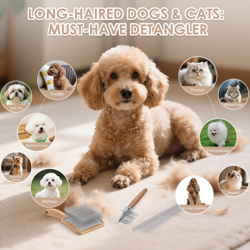 Long Pin Dog Slicker Brush for Poodles, Golden Doodles & Cats - 3-Piece Grooming Kit with Dematting Comb and Pet Comb, Large Wooden Handle Deshedding Tools for Thick Hair Mats Removal - PawsPlanet Australia