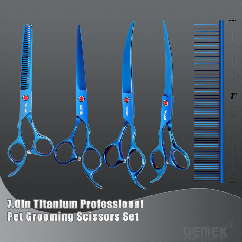 7.0in Titanium Professional Pet Grooming Scissors Set, GEMEK 6 in 1 Straight & Thinning & Upwards Curved & Downwards Curved Scissors & Comb for Dogs, Cats (Blue) Blue 6 in 1 7inch - PawsPlanet Australia