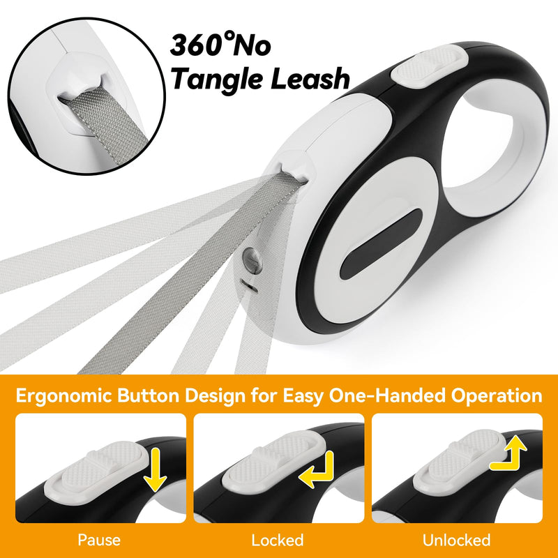 Retractable Dog Leash 16ft, 360° Tangle-Free, with Chew Proof Cable, LED Light, Dispenser, 2 Poop Bags. One Button Brake & Lock, Anti-Slip Handle, for Dogs Up to 75lbs. (White, 16ft) White - PawsPlanet Australia