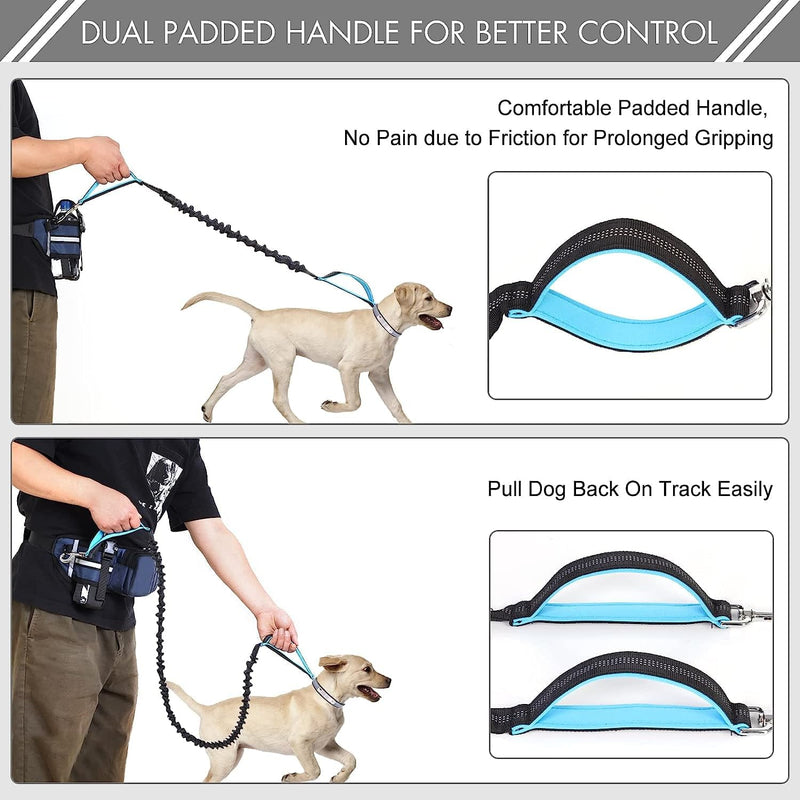 Hands Free Dog Leash with Waist Bag for Medium to Large Dogs, Dual-Handle Reflective Bungee Leash with Poop Bag Dispenser Pouch, Adjustable Waist Belt for Night Walking Jogging Hiking - PawsPlanet Australia