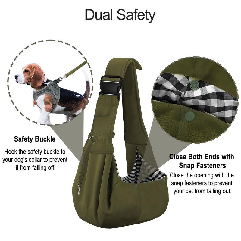 PETLOFT Reversible Dog Cat Sling Carrier, Small Dog Carrier, Adjustable Dog Sling, Hands Free Cross Body Carrier with Collar Hook for Dog/Cat/Bunny up to 11lb (Army Green) Army Green - PawsPlanet Australia