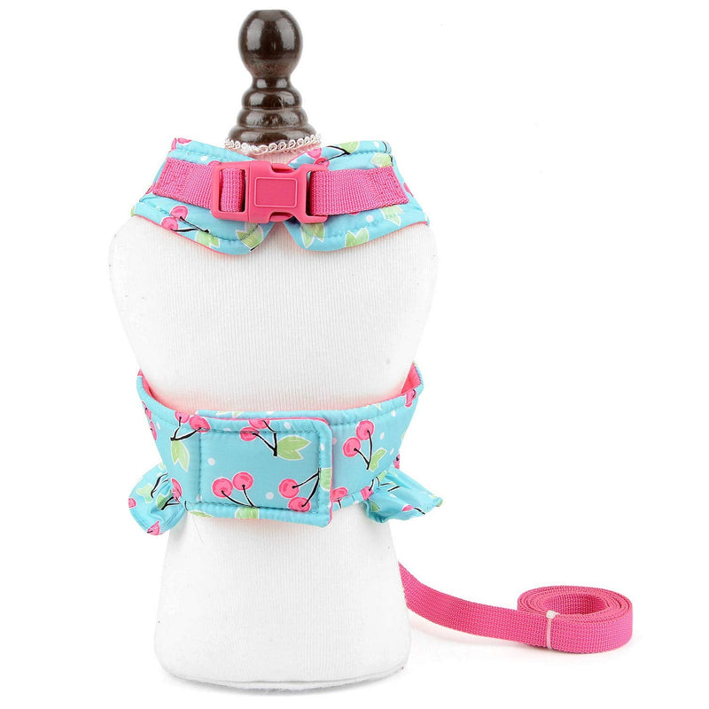 SMALLLEE_LUCKY_STORE Bow Cherry Print Cat and Small Dog Harness Dress with Leash for Girls Adjustable No Pull Escape Proof Soft Walking Jacket Waterproof Puppies Kitten Harness Vest Outdoor,Green XS XS(chest 12-13.5 Inch) blue cherry