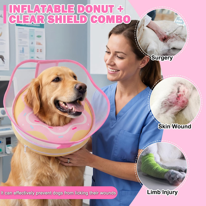 Inflatable Dog Cone Collar with Removable Clear Protective Shield, Soft Pet Recovery E-Collar for Dogs After Surgery, Adjustable Elizabethan Collar to Prevent Licking Biting Scratching (Pink, Large) Pink L (Neck 13"-15")