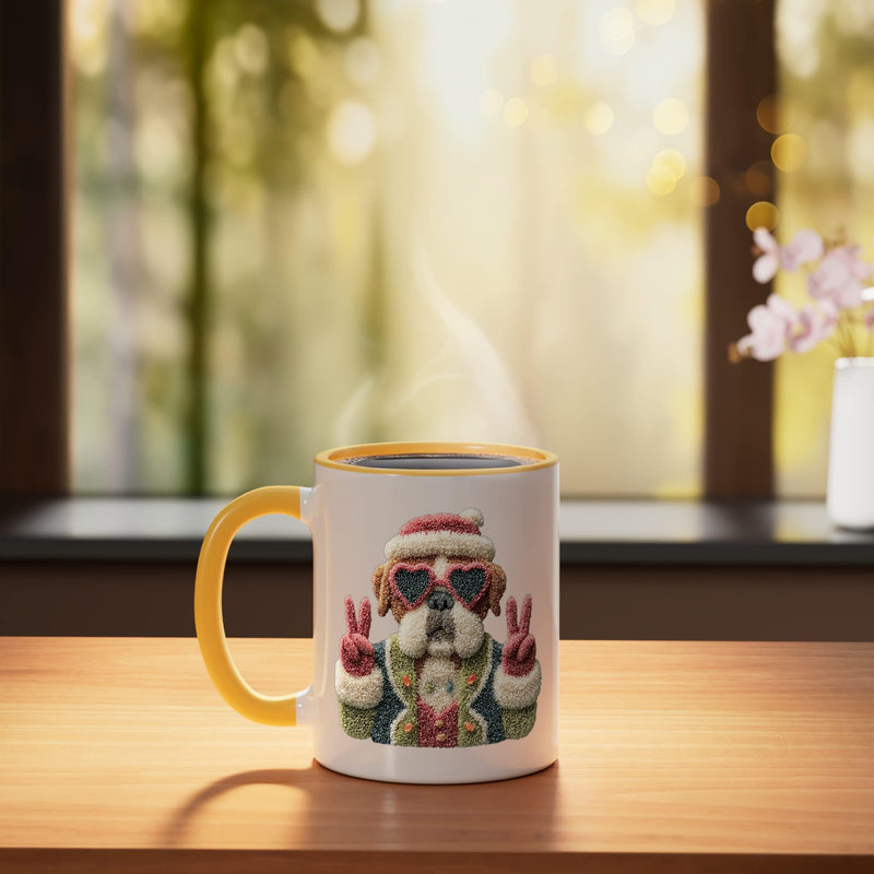 Funny Santa Dog Cute Pet Retro Style Design with Sunglasses Ceramic Mug, Yellow/White 11 Ounces - PawsPlanet Australia
