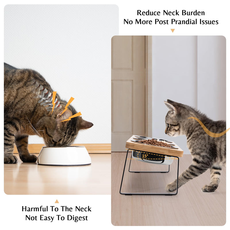 Elevated Cat Bowls for Food and Water - Loplurea 15° Tilted Raised 3 Stainless Steel Cat Food Bowl Feeder, with Bamboo Stand and Anti Vomit Feeding Station for Indoor Kittens and Pet 3 Bowls Wood Color - PawsPlanet Australia