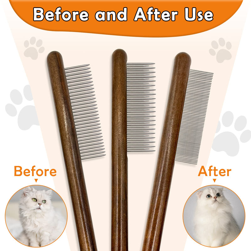 3 Pack Solid Wood Cat Combs, Stainless Steel Teeth for Cat Dog Rabbit Massage, Flea Lice Comb Removes Mats, Tangles and Loose Fur, Grooming Comb for Small Medium Pets MIX-3PCS