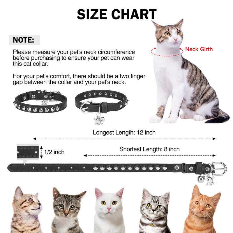 Leather Cat Collars for Boy Girl Cats with Bell and Safety Elastic Belt, Personalized Rivets Stud Adjustable Safe Buckle Collar with Skull Charm for Kitty Small Pets, Black 8"-12" Cats / Mini Dogs(Pack of 1) Black_Studded - PawsPlanet Australia