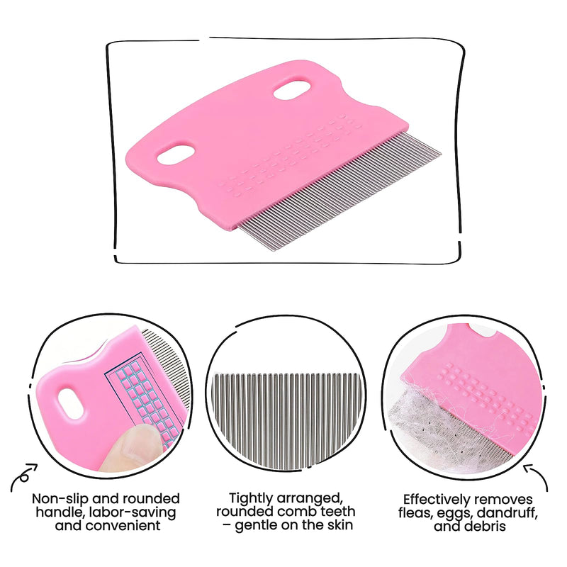 5 Pack Flea & Lice Comb Set for Cats, Dogs & Kids – Stainless Steel Fine Tooth Nit Comb Kit with Double-Sided Tear Stain Remover, Grooming Brush & Peine para Piojos for Thick Hair (Pink) Pink 1-Pack