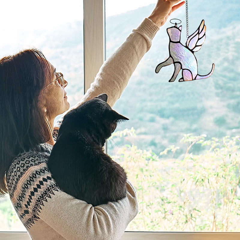 Cat Stained Glass Memorial Gifts for Loss of Cat, Holographic Angel Cat Died Sympathy Remembrance Gift for Window Hanging - PawsPlanet Australia