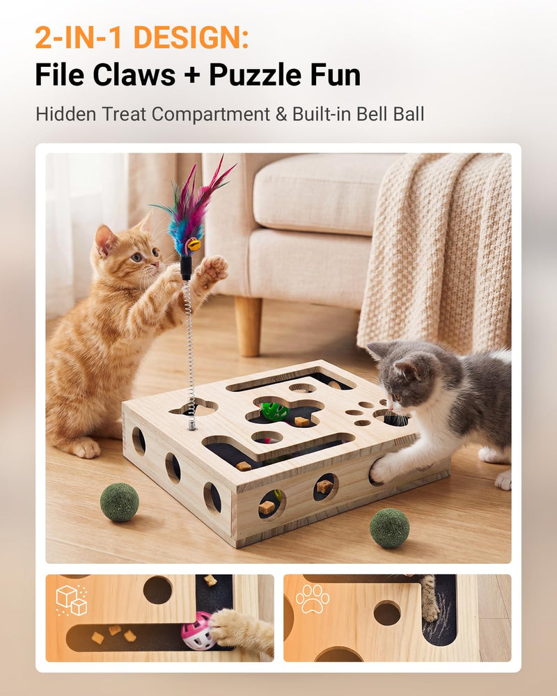 Cat Nail File Box with Interactive Cat Toys – 2026 Upgraded Cats Nail File Enrichment Box Scratch Puzzle Toy for Indoor Cats, Natural Claw Care with 2 Wand Toys&Catnip Ball&4 Bell Ball(Random Color)