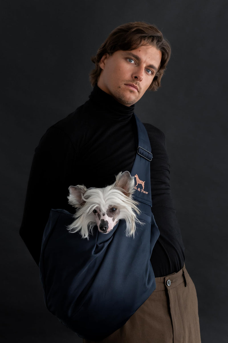 Noah & Paw Dog Sling Carrier for Small Dogs 5-18lb, Dog Sling for Small Dogs and Cats, Dog Carrier with Adjustable Padded Strap, Premium Twill, Lined with Fur, Double Safety Feature, Machine Washable Navy Blue 46 cm L x 33 cm W x 17 cm H - PawsPlanet Australia
