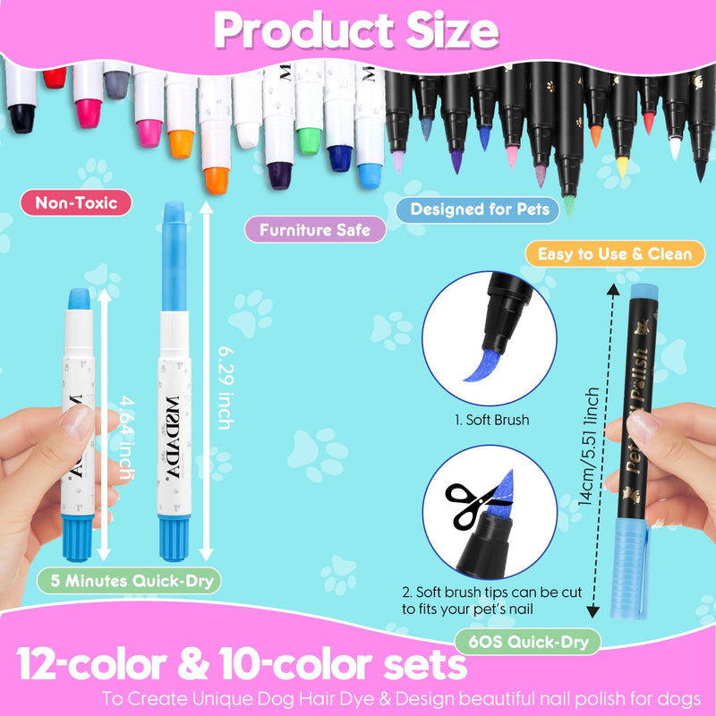 MSDADA 12 Colors Quick Dry Dog Nail Polish Pens & 10 Colors Washable Dog Hair Dye Pens to DIY Beautiful Dog Styling, Dog Safe Easy Application Creative Dog Accessories, Funny Gifts to Dog Cat Lovers - PawsPlanet Australia