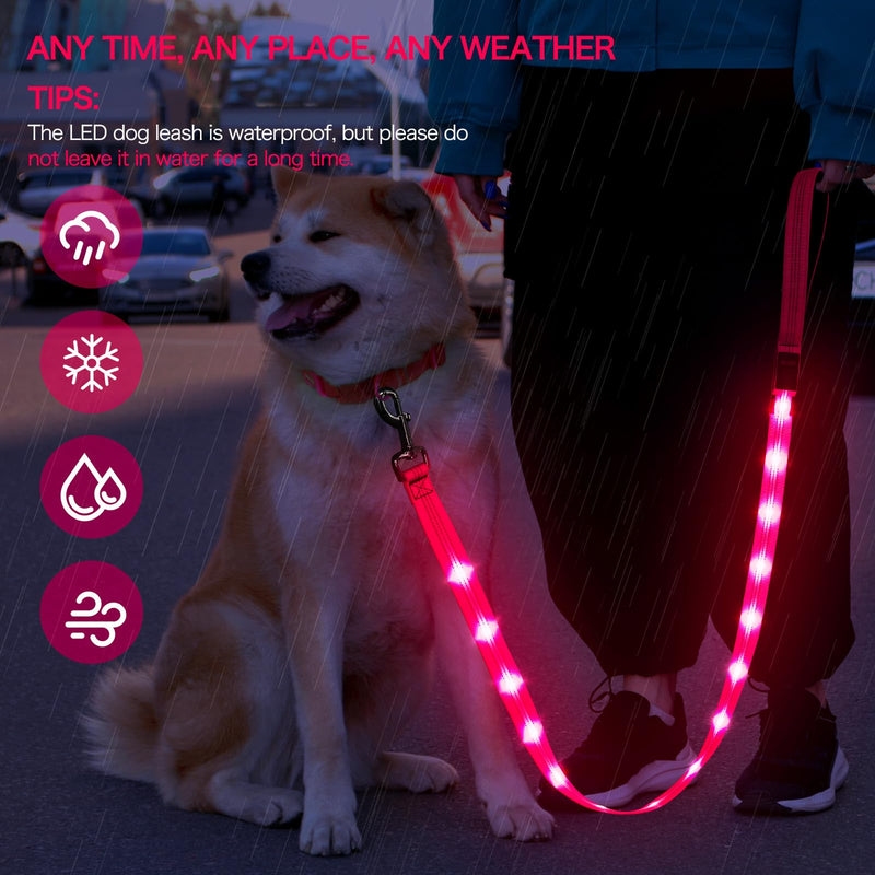 Weesiber Light Up Dog Leash, 4ft LED Dog Leash Rechargeable Puppy Lead Waterproof Safety Glow in The Dark Pet Lights for Night Walking (Pink) Pink - PawsPlanet Australia