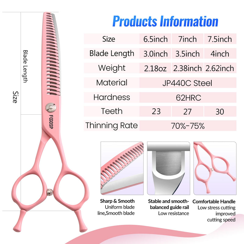 Curved Chunkers Dog Grooming Scissors 7" Macarone Series Professional Pet Grooming Shears for Dogs Pets Japan 440C Stainless Steel Sharp & Durable(Pink, 27Teeth Curved Thinners) 7.0 in Curved Chunkers Macaron Pink - PawsPlanet Australia