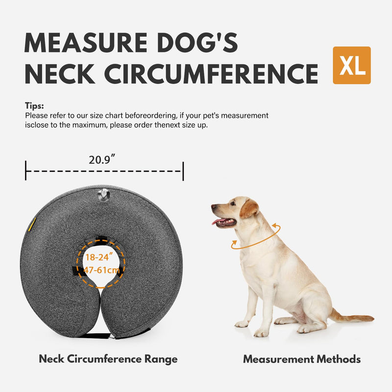 Dog Cones for Small Medium Large Dogs, Soft Cone for Dogs After Surgery Inflatable Dog Cone Alternative Recovery Donut Collar (Grey, XL-Neck:18"-24") XL-Neck:18"-24" Grey