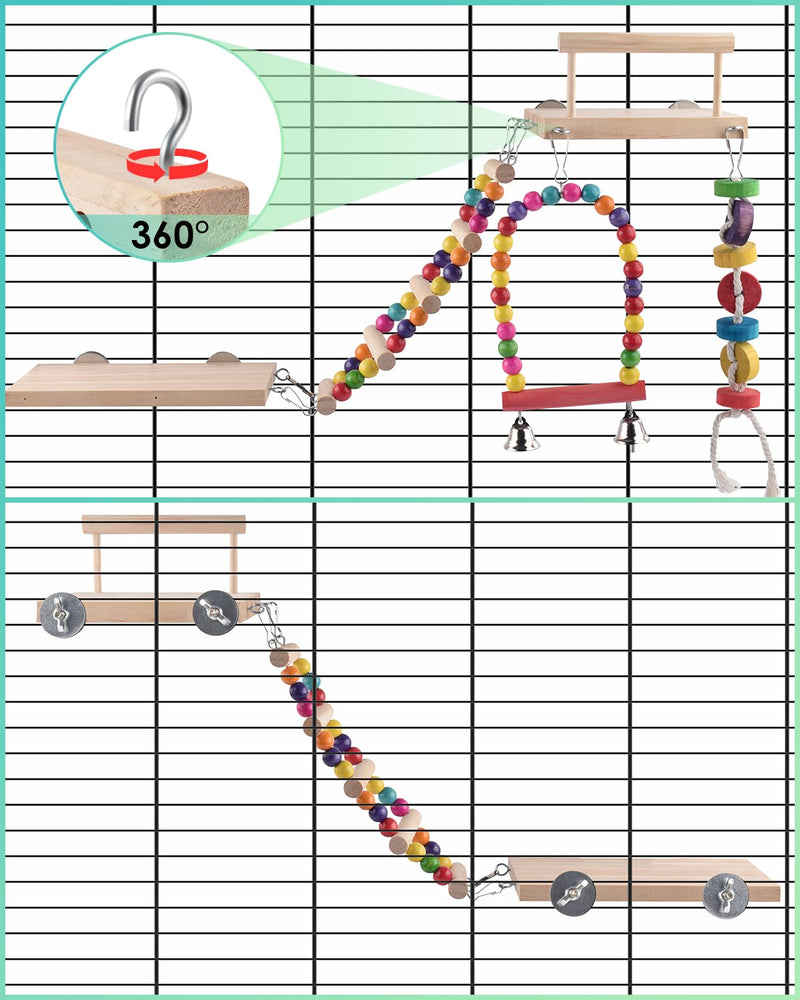 5in1 Bird Parakeet Toys, Detachable Birdie Perches Platform Swing with Climbing Ladder, Parrot Cage Stand Accessories, Wooden Playing Gyms for Conure Cockatiel Lovebird Finch Budgerigar Pigeon - PawsPlanet Australia