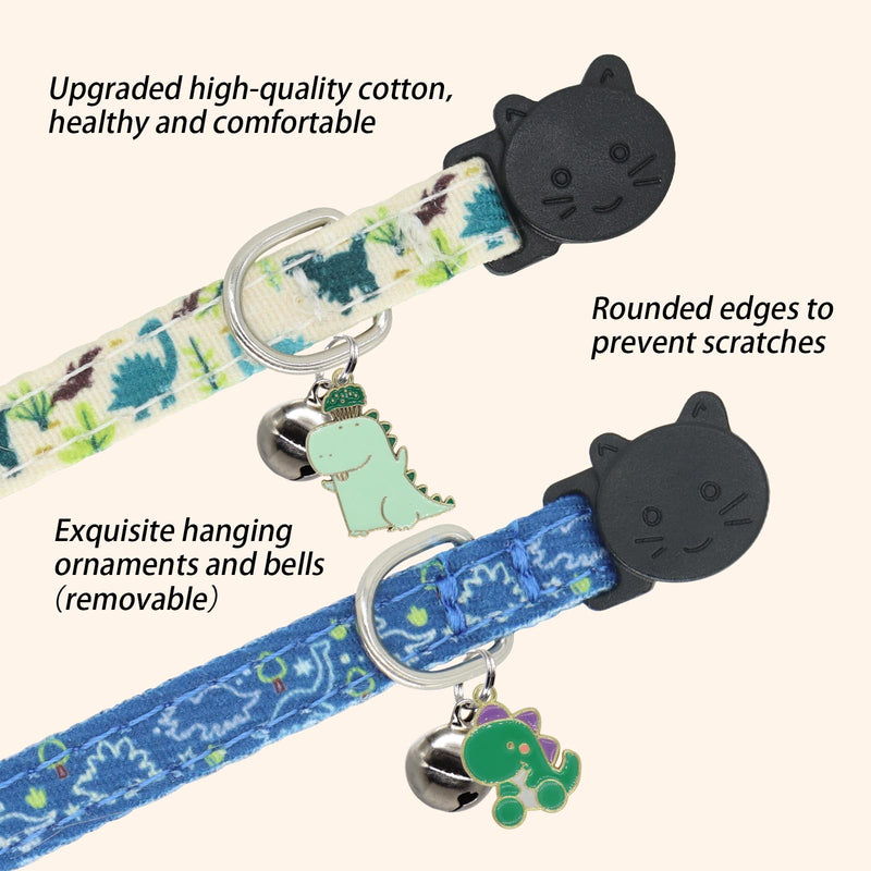 Cat Collar Breakaway, 2 Pack Cotton Cats Collars with Bells, Cute Dinosaurs Shaped for Girl Boy Kittens 7-11'' Dinosaur - PawsPlanet Australia