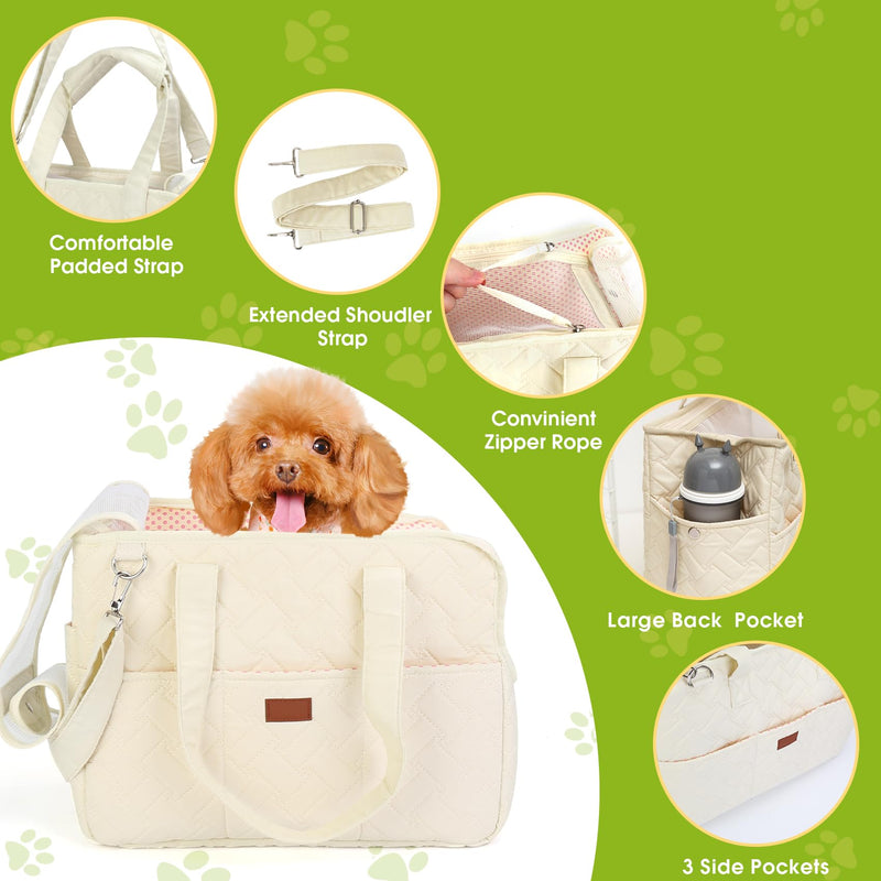 Dog Carriers for Small Dogs, Dog Purse Travel Carrying Bag, Puppy Carrier with Pockets Breathable Mesh, Collapsible Soft Travel Tote Bag for Small Pet Cat Kitty Rabbit 0-15 lbs Outdoor Vet Car Beige