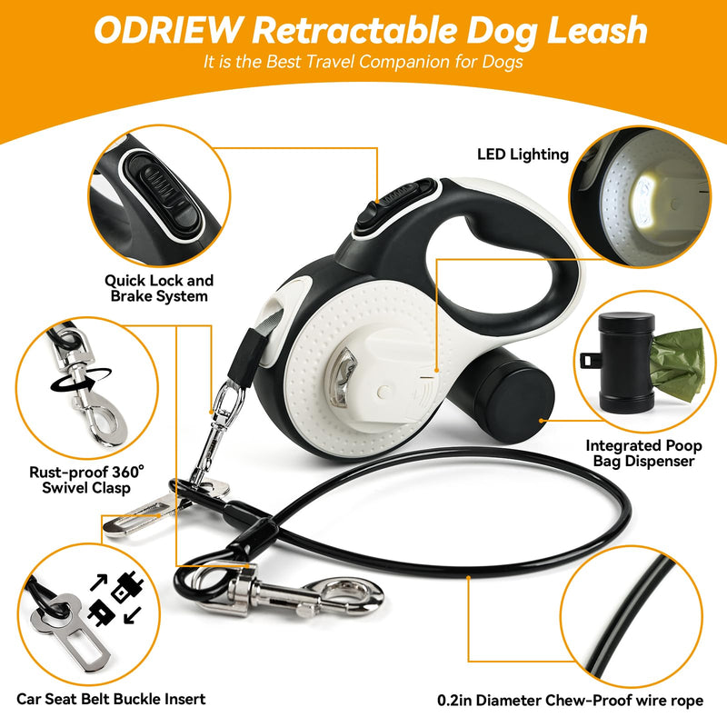 Heavy Duty Retractable Dog Leash for Large Dogs, 26ft with Chew Proof Cable, LED Light, Dispenser, 2 Poop Bags. 360° No Tangle, One Button Brake & Lock, for Dogs Up to 100Lbs. (White, 26ft) White - PawsPlanet Australia