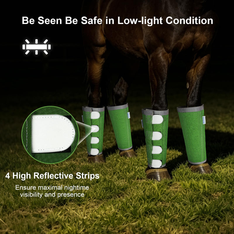 Reflective Horse Fly Boots Set of 4, Breathable Adjustable Equine Fly Leg Wraps for Horses, Universal Fit Loose Fitting Leggings with Stay Put Design (Green) Green