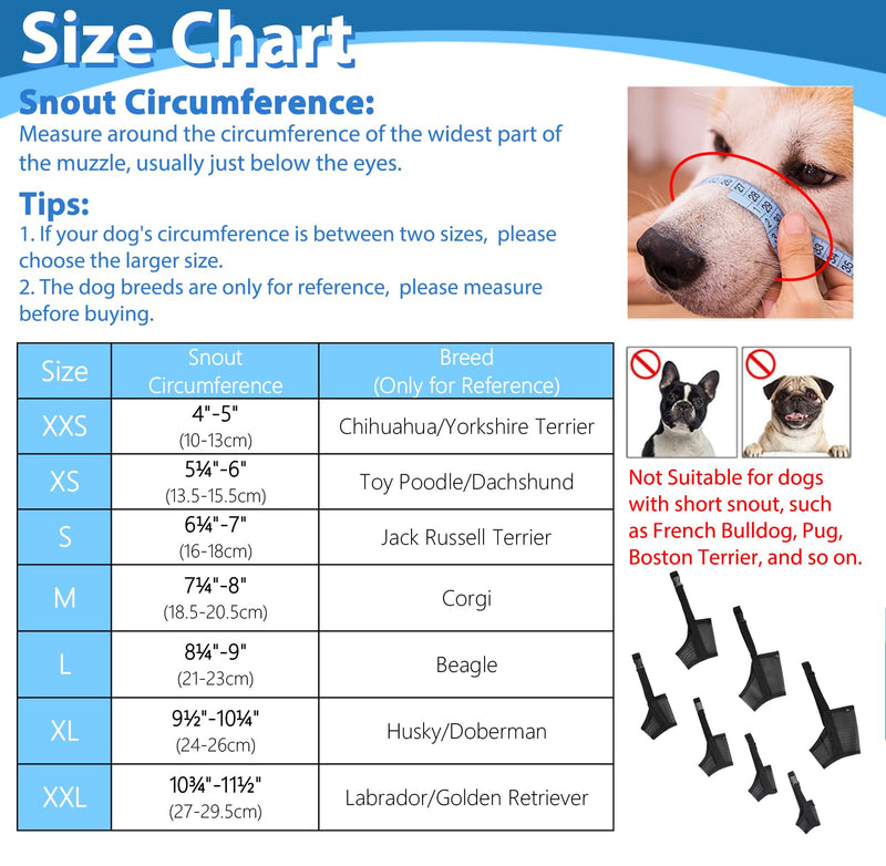 LUCKYPAW Dog Muzzle Suits for Small Medium Large Dogs, Mesh Muzzle Anti Biting Chewing, Breathable Mouth Cover Set with Adjustable Strap for Grooming Vet Visiting Training, 7 PCS(XXS-XXL), Black Full Size 7 PCS(XXS-XXL) - PawsPlanet Australia