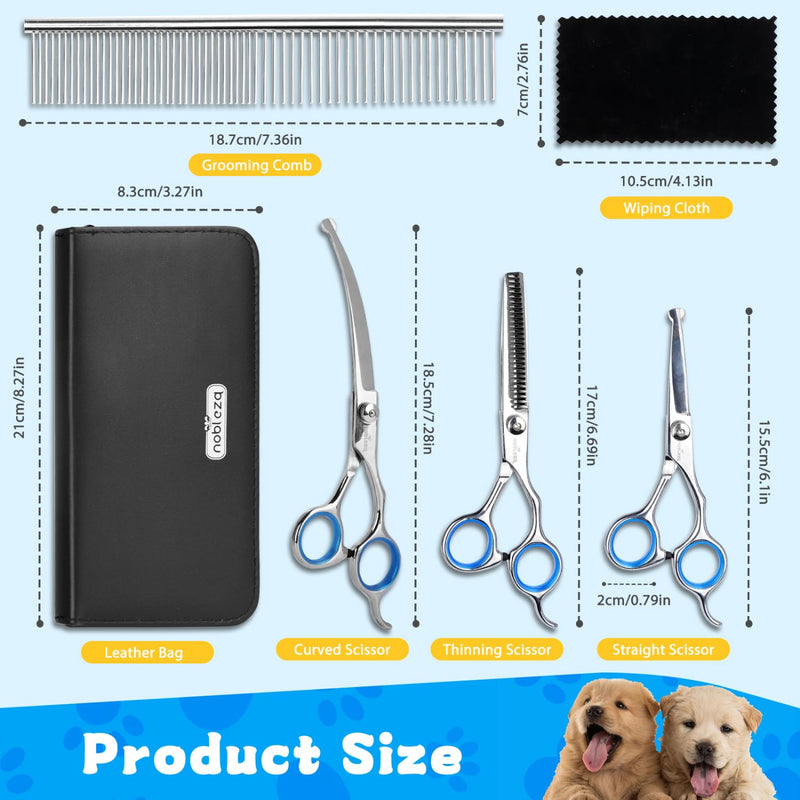 Nobleza 5 in 1 Dog Grooming Scissors, Dog Grooming Kit, Pet Thinning Curved Straight Scissors Groom Set with Dogs Comb, Pet Puppy Cat Groom Kit, Dogs Hair Cutting Trimming Scissor Professional Silver