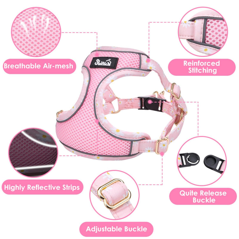 SlowTon Small Dog Harness - No Pull Dog Harness and Leash Set, Soft Mesh Lightweight Puppy Vest Harnesses, Adjustable Pet Harnesses for XXS XS Small Medium Easy Walk Hiking (Pink, XXS) XX-Small 1.Pink Daisy - PawsPlanet Australia